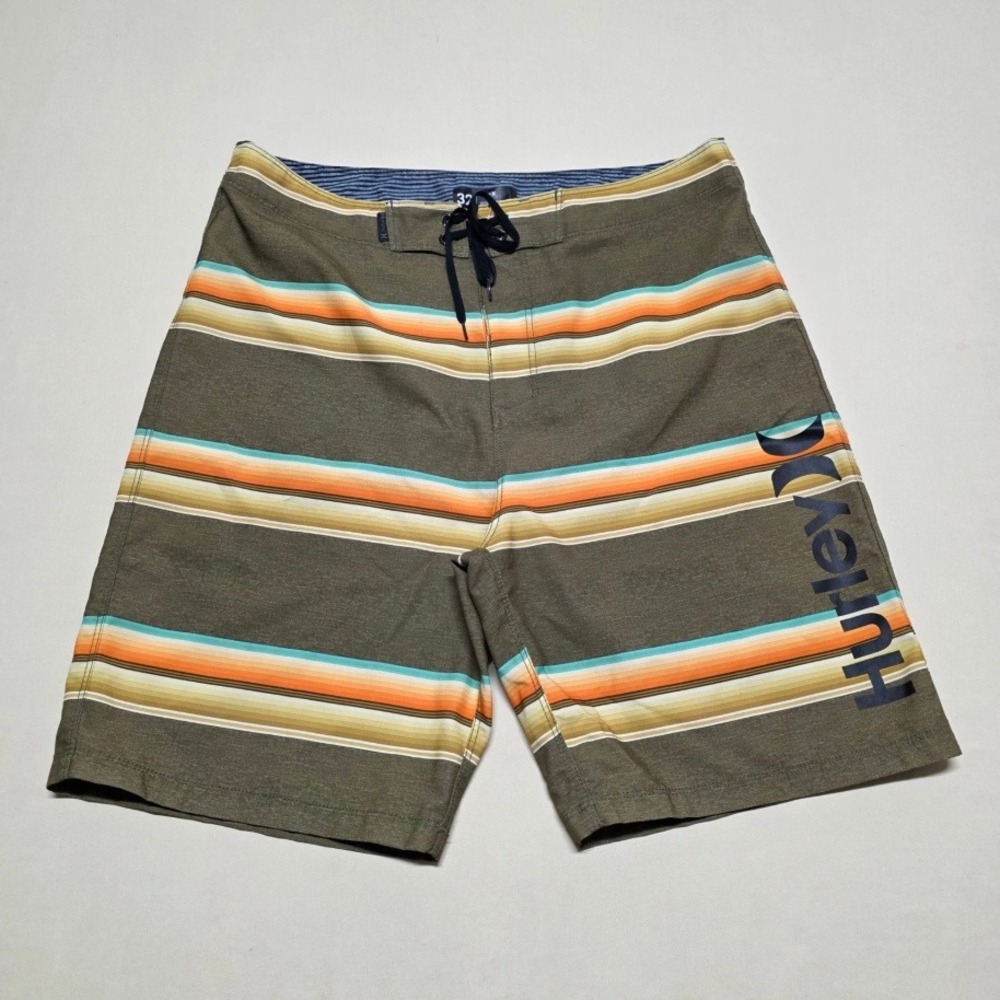 Hurley Mens Board Shorts Size 32 Olive Green Striped Surf Swim Trunks Drawstring